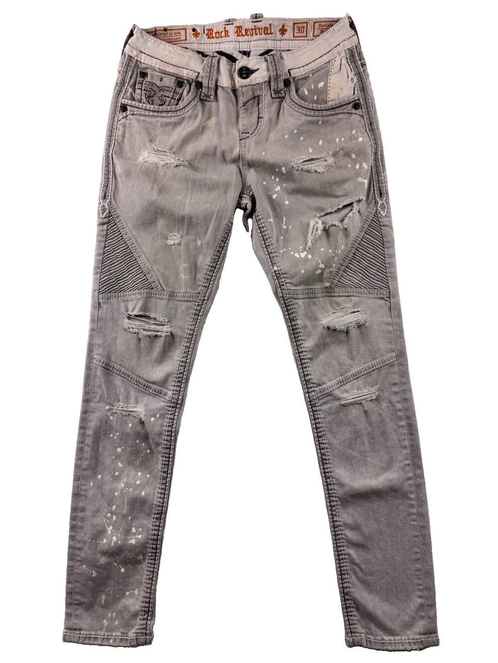 Rock Revival Devista Biker Jeans Men’s 30x32 Gray Distressed Paint Splatter Moto